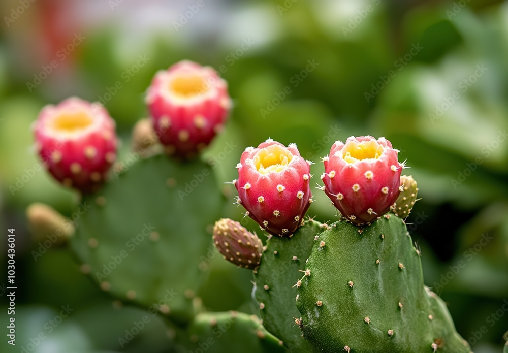 A trio of cactus fruits with colorful stripes set against a green leaf backdrop A trio of cactus fruits with colorful stripes set against a green leaf backdrop