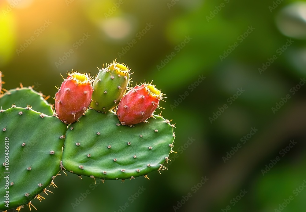 Close-up of cactus fruits surrounded by green leaves with blurred background Close-up of cactus fruits surrounded by green leaves with blurred background