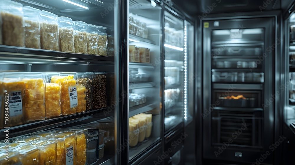 Sleek frozen food packaging with metallic accents, bold typography, and a frosty finish inside a modern commercial kitchen freezer, cinematic lighting, cyberpunk, 3D render Sleek frozen food packaging with metallic accents, bold typography, and a frosty finish inside a modern commercial kitchen freezer, cinematic lighting, cyberpunk, 3D render