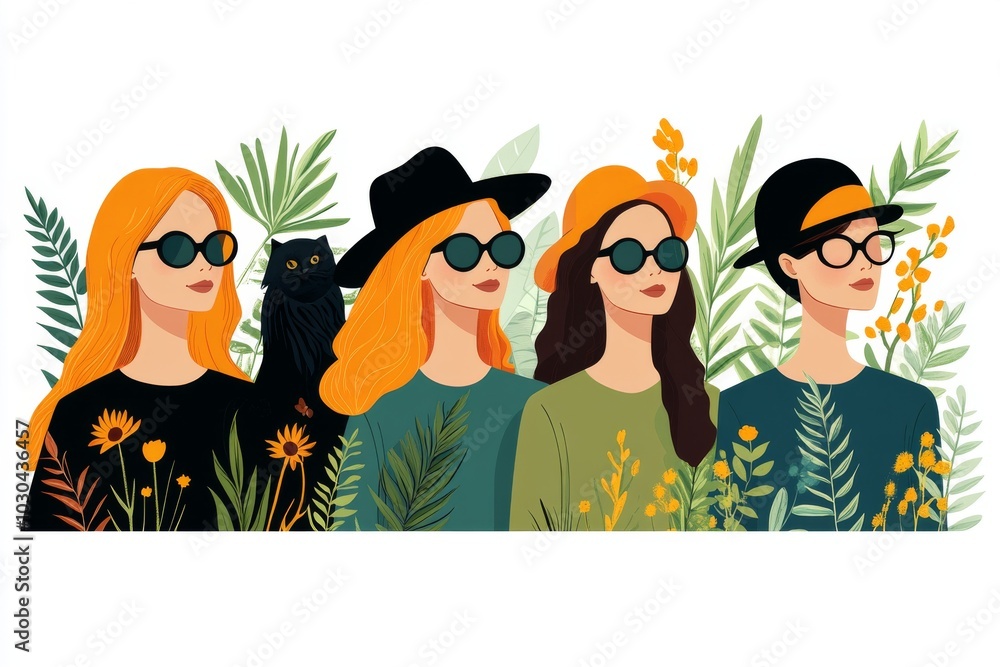 Stylish group illustration of modern women wearing sunglasses surrounded by green tropical leaves symbolizing fashion friendship and individuality in a vibrant trendy design Stylish group illustration of modern women wearing sunglasses surrounded by green tropical leaves symbolizing fashion friendship and individuality in a vibrant trendy design