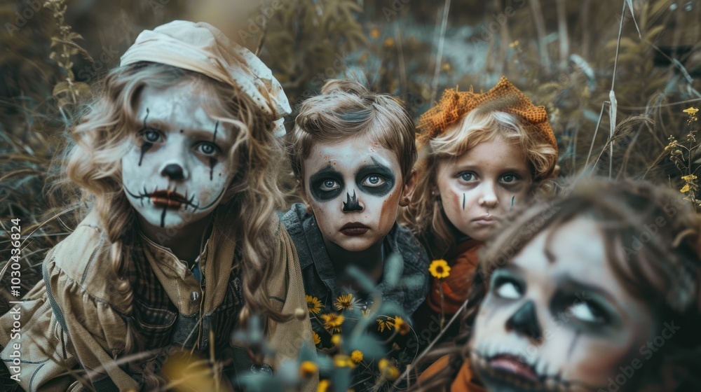 Four children are dressed in Halloween costumes Four children are dressed in Halloween costumes