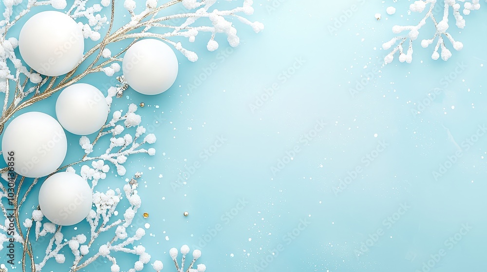 A blue background with white snowflakes and white balls A blue background with white snowflakes and white balls