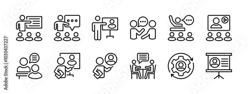 Business training and workshop excellent thin line icon vector set. Containing education, coaching, communication, presentation, discussion, learning, lecture, teaching, meeting, teamwork, briefing