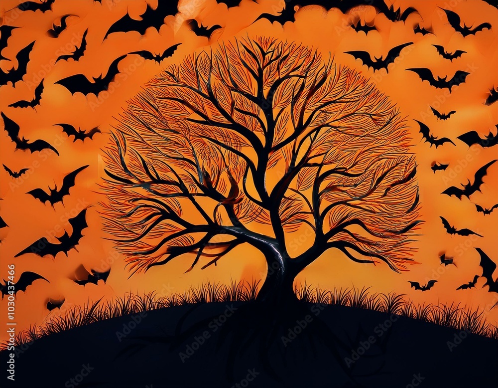 Halloween theme dark tree with orange sky and bats