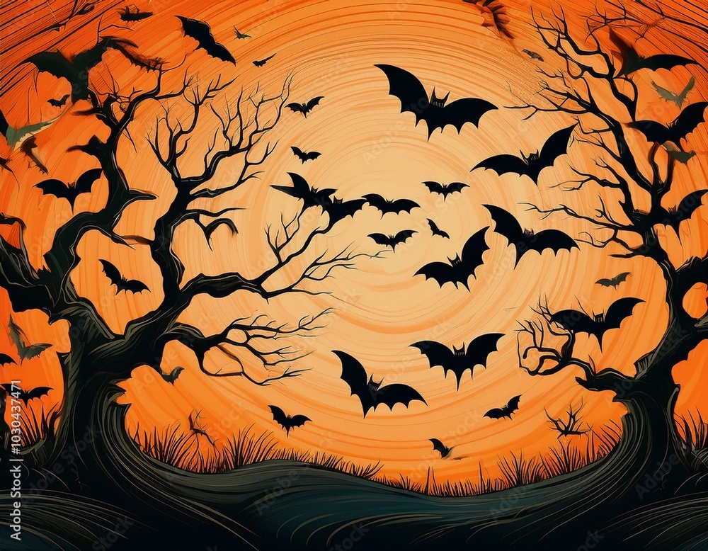 Halloween theme dark tree with orange sky and bats Halloween theme dark tree with orange sky and bats