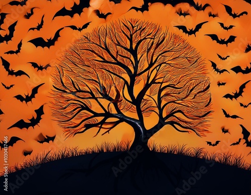 Obraz na płótnie Halloween theme dark tree with orange sky and bats w salonie