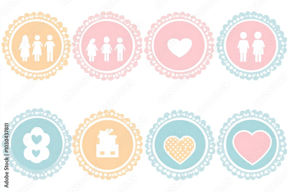 Set of circular family icons with pastel colors representing different family compositions and love unity and care in a minimalistic modern design with soft gentle tones Set of circular family icons with pastel colors representing different family compositions and love unity and care in a minimalistic modern design with soft gentle tones