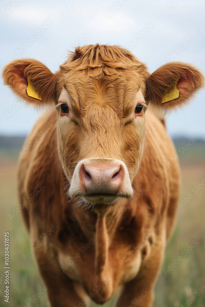 An adorable cow stands in a field, looking directly at the camera, with a natural landscape as background. An adorable cow stands in a field, looking directly at the camera, with a natural landscape as background.