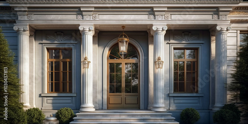 The entrance of a neoclassical-style house featuring grand fluted columns supporting an intricately decorated portico.