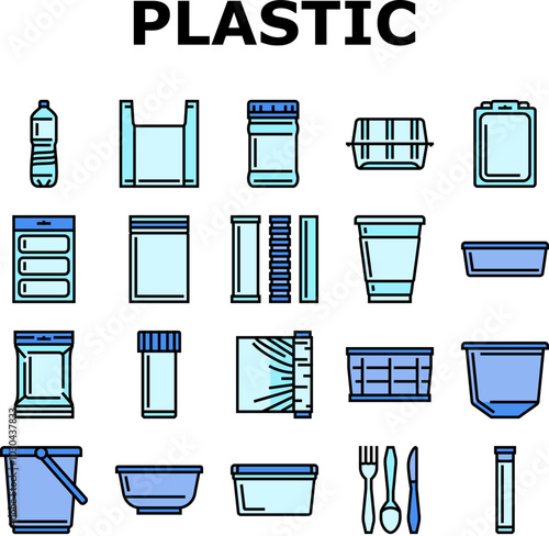 plastic packaging food container icons set vector. bag bottle, pack box, product, tableware jar, blister, tray, sachet, wrap, pod tub plastic packaging food container color line illustrations