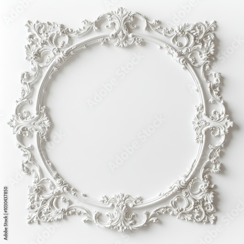 Ornate white decorative frame with intricate details and floral patterns on a plain background