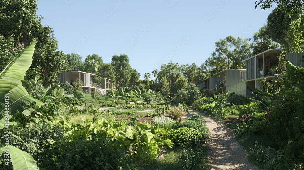 Sustainable Modular Homes in Vibrant Community Garden - 3D Render Illustration of Residents Cultivating Fresh Produce Together Sustainable Modular Homes in Vibrant Community Garden - 3D Render Illustration of Residents Cultivating Fresh Produce Together