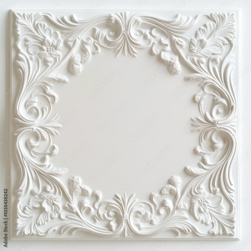 Ornate white plaster ceiling medallion featuring intricate floral and leaf patterns indoors Ornate white plaster ceiling medallion featuring intricate floral and leaf patterns indoors
