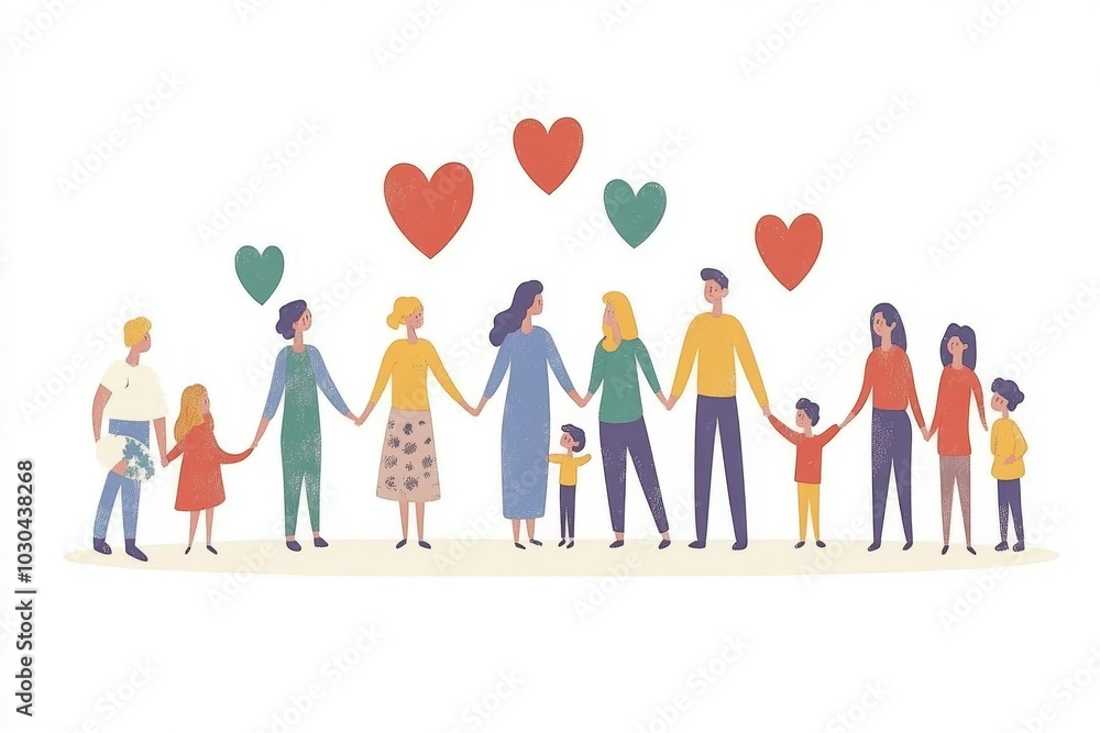 Fototapeta premium Cheerful family illustration of parents and children holding hands with hearts floating around symbolizing love unity and affection in a joyful heart filled design with bright colors