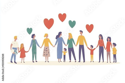 Cheerful family illustration of parents and children holding hands with hearts floating around symbolizing love unity and affection in a joyful heart filled design with bright colors