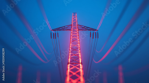 A stunning view of a high-voltage electric tower illuminated with red light against a deep blue sky, showcasing modern engineering in power transmission.