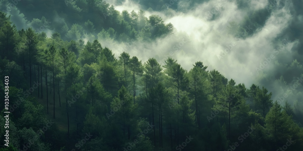 Naklejka premium A dense forest shines in lush green hues, enveloped in a mystical mist, evoking peace and natural harmony.