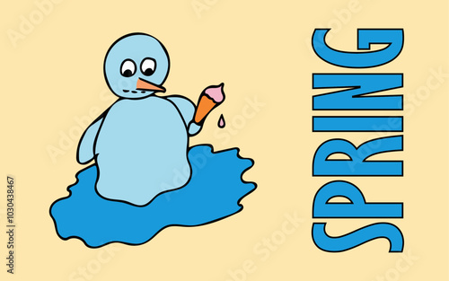 Yellow and blue hand drawn doodle vector postcard. Spring, a snowman with ice cream on the sand is melting from the heat. Spring and summer holidays vector illustration. Object of web design. photo