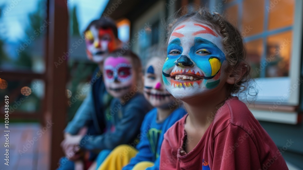 A group of children with painted faces are sitting on a porch A group of children with painted faces are sitting on a porch