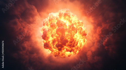 An explosive burst of energy showcases a bright orange and yellow fireball against a dramatic dark sky, symbolizing power and destruction. photo