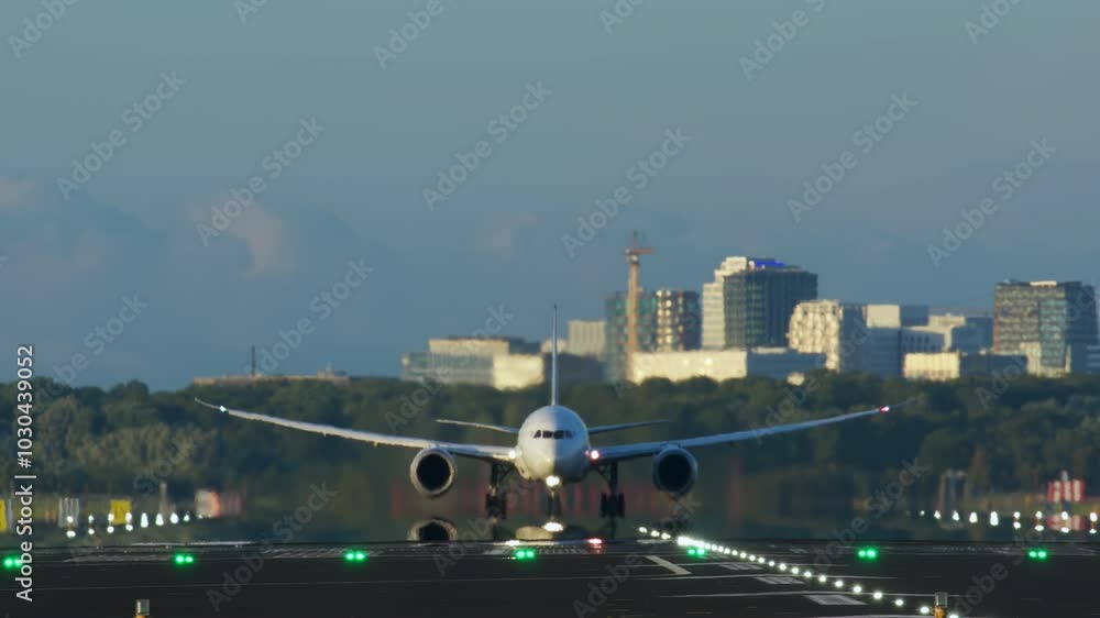 A large commercial airplane is seen taking off from a runway with ...