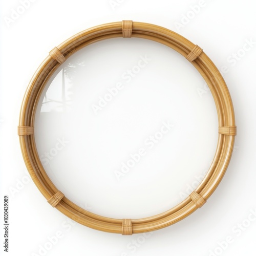 Round bamboo mirror with minimalist design hanging on white indoor wall