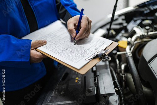 Canvastavla A mechanic inspects a vehicle, documenting findings on a clipboard during a main