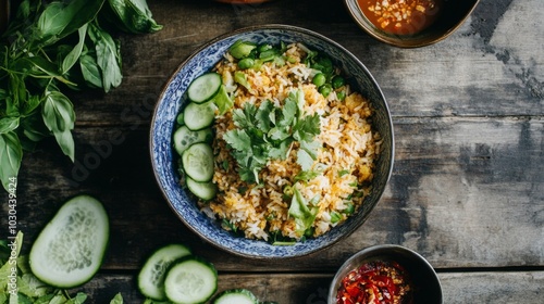 Fresh Ingredients and Vibrant Rice Bowl on Rustic Table