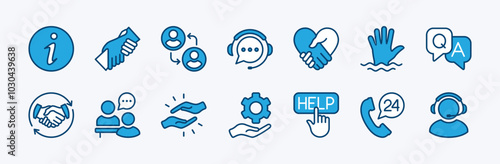 Set of help icon. Containing information, teamwork, charity, customer service, volunteer, solidarity, call center, interview, partnership, care, support, question and answer, friendship, cooperation