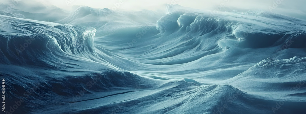 An icy landscape with large waves crashing against the rocks, creating an otherworldly and surreal atmosphere. The cold blue tones of the ice crystals enhance the sense of mystery in the scene. An icy landscape with large waves crashing against the rocks, creating an otherworldly and surreal atmosphere. The cold blue tones of the ice crystals enhance the sense of mystery in the scene.
