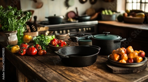 Rustic Kitchen with Fresh Vegetables and Cookware