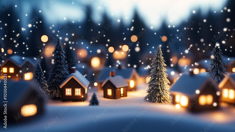 Obraz premium A magical snow-covered miniature village, complete with charming cottages and tall, frosted pine trees, illuminated by glowing lights from within the cozy homes. The scene captures