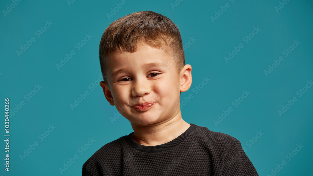 Boy exudes playful and cheeky charm, with slight smile, looking like he's trying to hold back r secret against blue studio background. Concept of facial-expressions, positive and negative emotions. Ad Boy exudes playful and cheeky charm, with slight smile, looking like he's trying to hold back r secret against blue studio background. Concept of facial-expressions, positive and negative emotions. Ad
