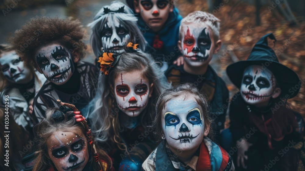A group of children with Halloween makeup on their faces A group of children with Halloween makeup on their faces