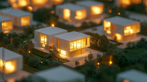 Wallpaper Mural Sustainable Modular Home at Evening Dusk - 3D Render Illustration of Warmly Lit Community Haven with Cozy Ambiance Torontodigital.ca