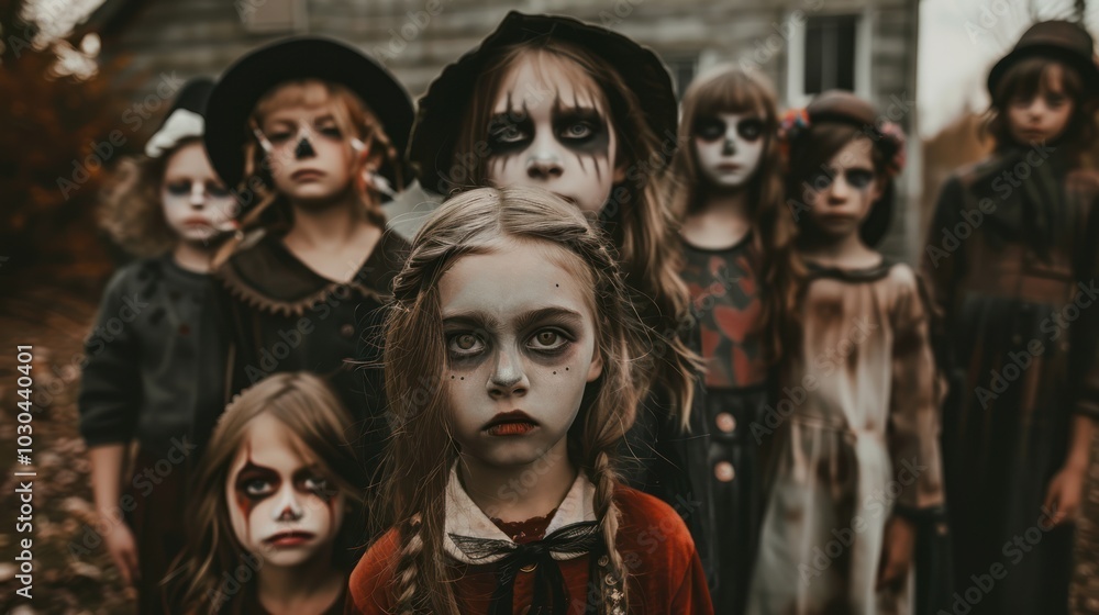 A group of children with Halloween face paint and costumes A group of children with Halloween face paint and costumes