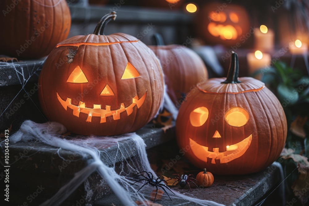 Fototapeta premium Two glowing jack-o'-lanterns sit on a porch decorated with spider webs, creating a festive and spooky Halloween scene.