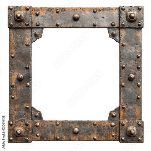 Rustic metal industrial frame with rivet details for steampunk design projects photo