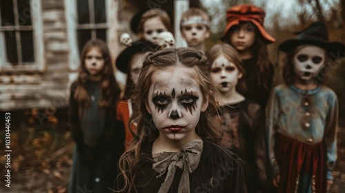 A group of children with Halloween face paint and costumes