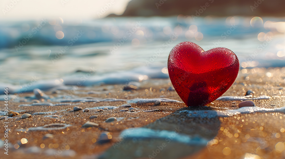 Fototapeta premium Valentines Day concept. Romantic love symbol of red heart on the sand beach with copy space. Template for Inspirational compositions and quote postcards