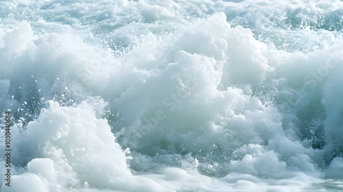 An icy landscape with large waves crashing against the rocks, creating an otherworldly and surreal atmosphere. The cold blue tones of the ice crystals enhance the sense of mystery in the scene. 