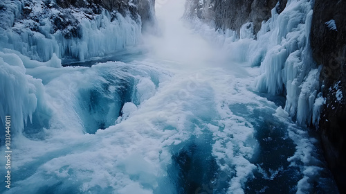 An icy landscape with large waves crashing against the rocks, creating an otherworldly and surreal atmosphere. The cold blue tones of the ice crystals enhance the sense of mystery in the scene. 