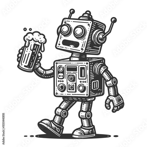 robot with mug of beer, combining vintage robot design with a fun and humorous twist sketch engraving generative ai vector illustration. Scratch board imitation. Black and white image.