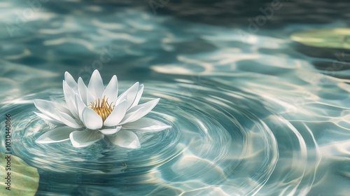 A Serene White Lotus Blooming in Tranquil Waters with Soft Reflections and Gentle Ripples Surrounding It