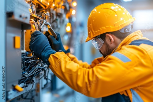 Wallpaper Mural A professional electrician in safety gear works on an electrical control panel full of cables and connectors. Focus on maintenance and fixing. Torontodigital.ca