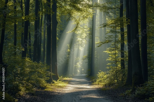 Sunlight Filtering Through Lush Green Forests A Tranquil Path of Nature's Beauty