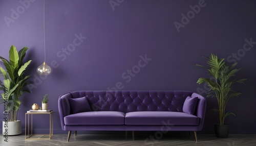 A large purple velvet sofa in a modern living room with a blank purple wall behind it 