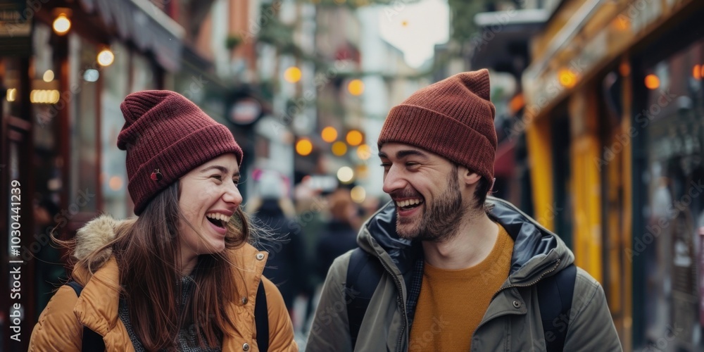 Couple laughing hats clothing person. Couple laughing hats clothing person.