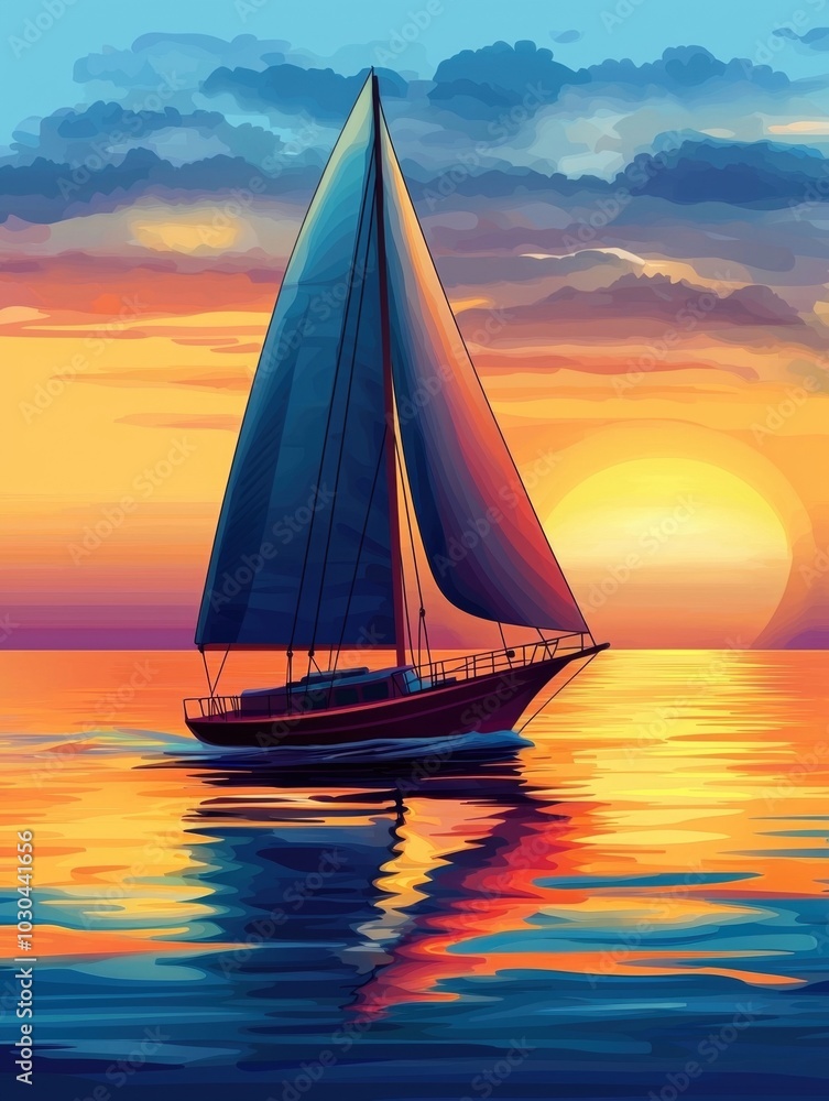 Fototapeta premium Stylized Sailboat Gliding Across a Stunning Sunset Lit Sea Landscape