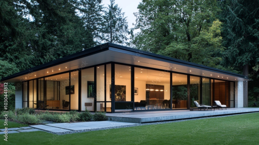 Modern Glass House Surrounded by Lush Nature Modern Glass House Surrounded by Lush Nature